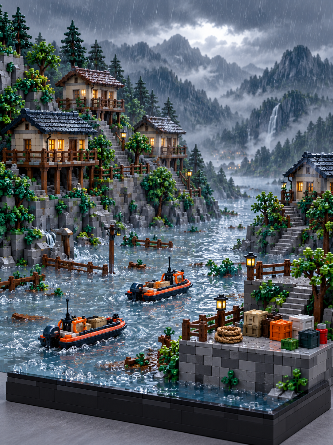 拼插积木山村洪水救援微缩场景 — AI image creation