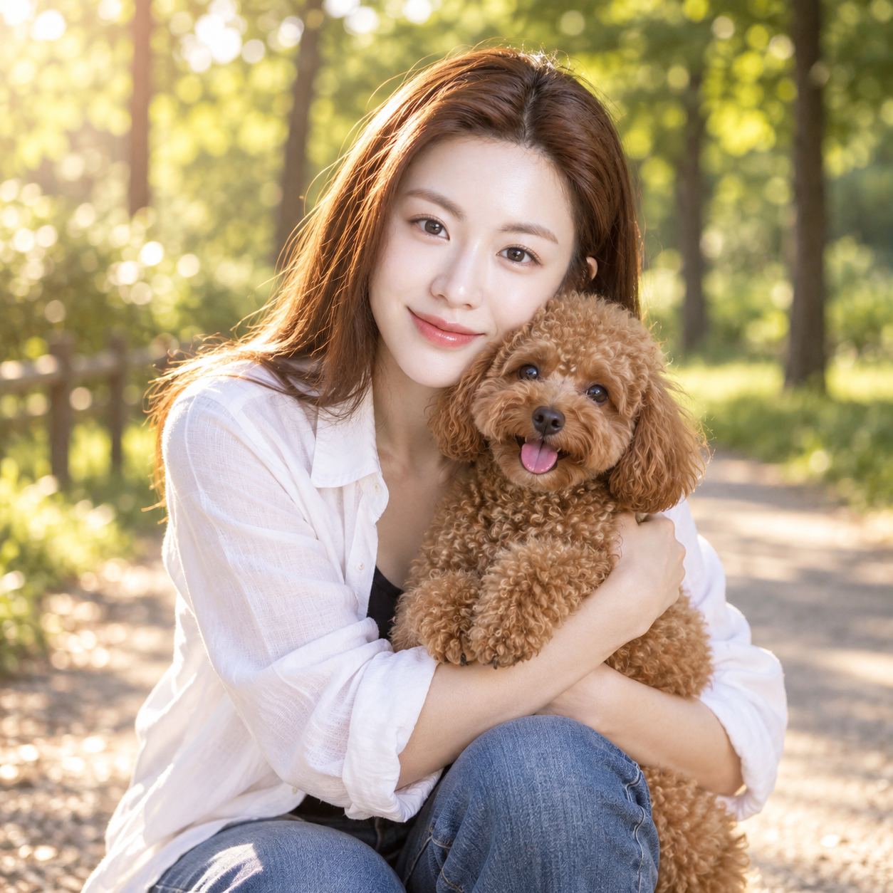 斑驳阳光下拥抱卷毛爱犬的成年女性