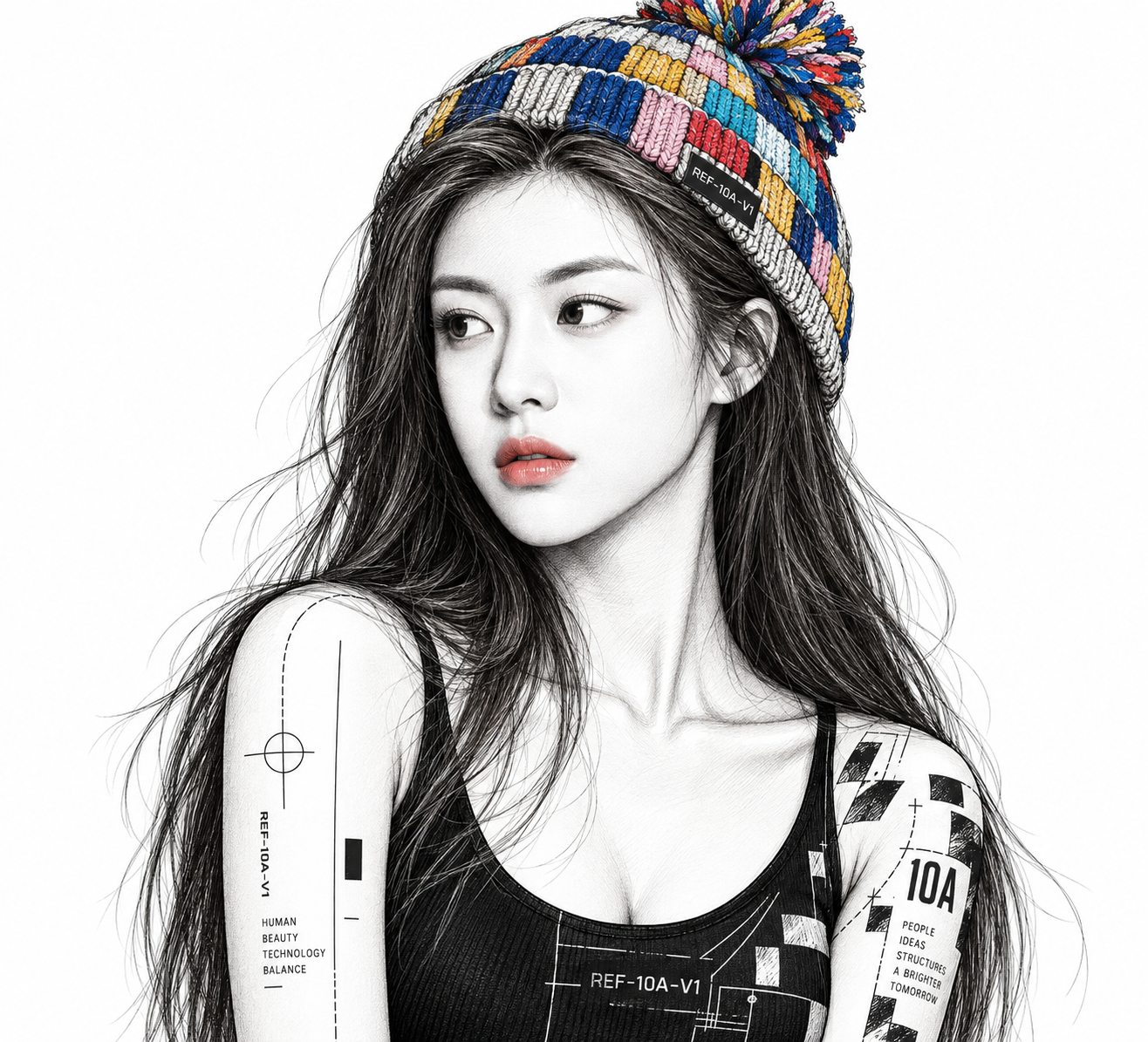 Portrait à l'encre noir et blanc avec bonnet en tricot coloré