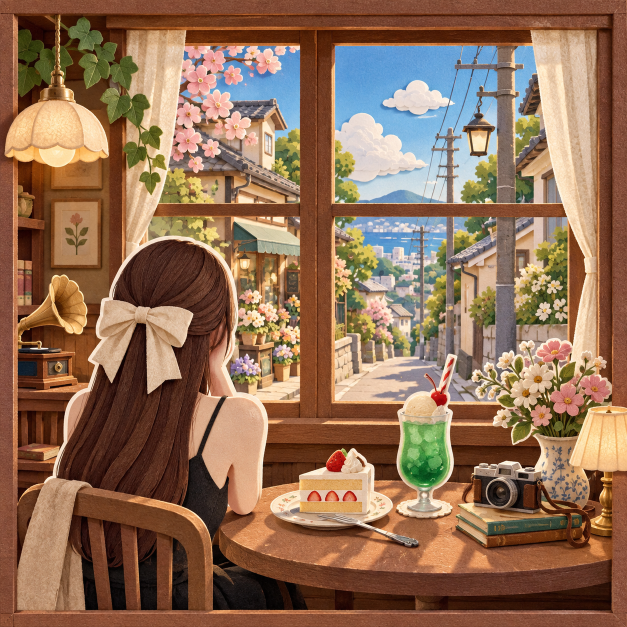 Layered Paper Art Japanese Travel Scene by a Vintage Cafe Window