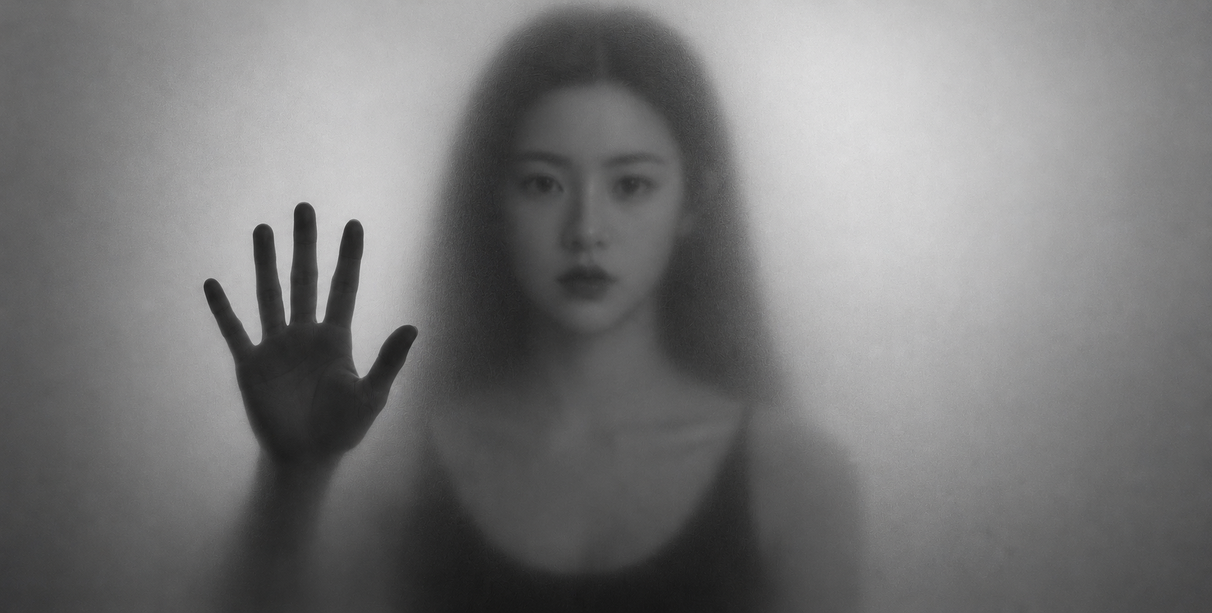Black and White Photo of Hand Silhouette Behind Frosted Glass