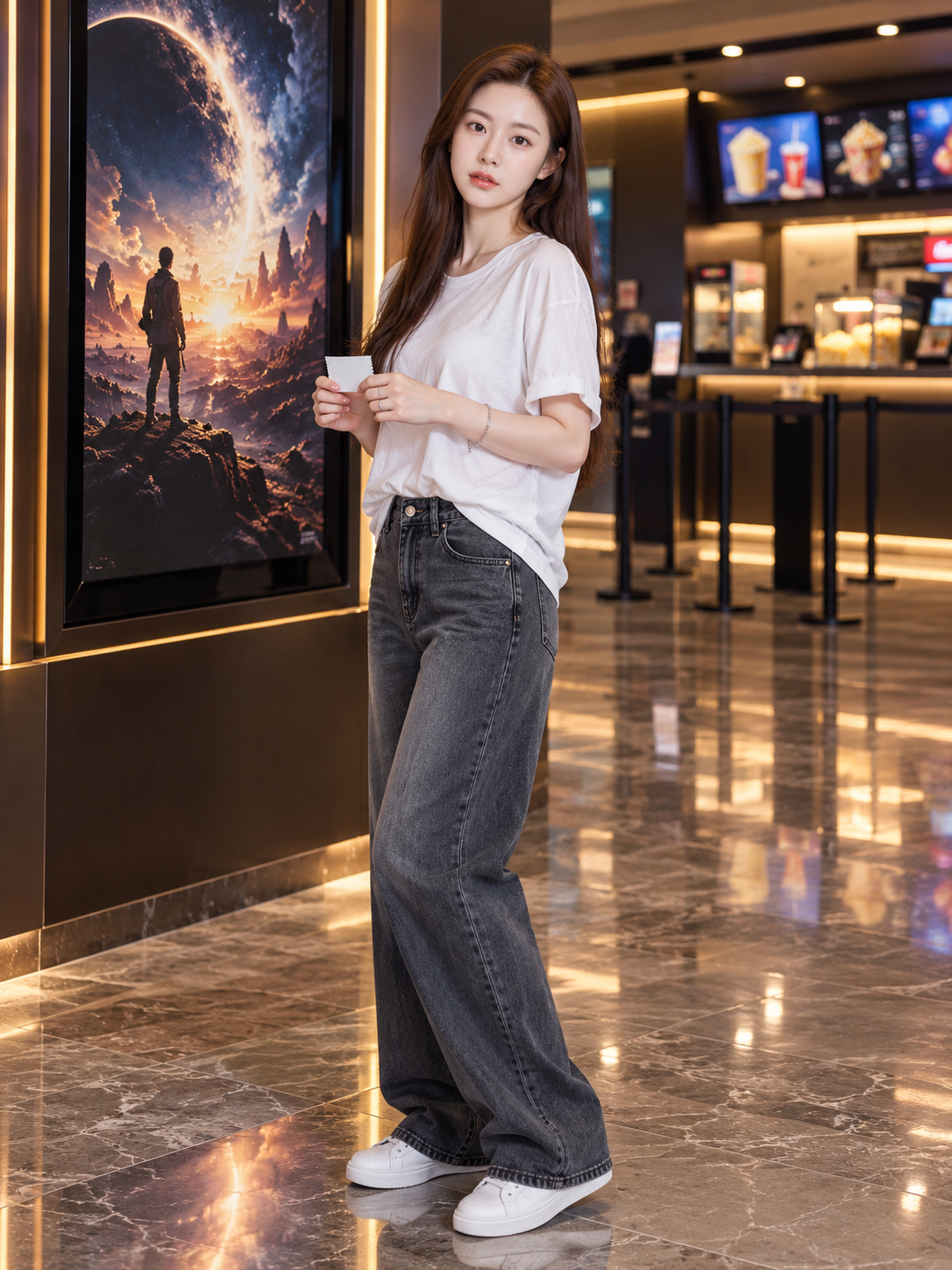 映画館のロビーでチケットを持つ成人女性の全身肖像