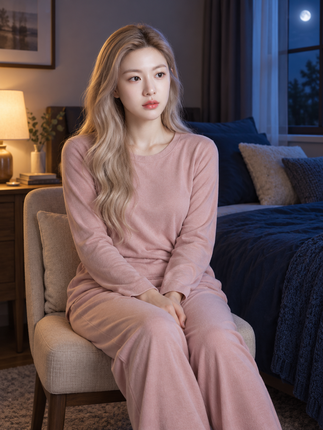 暖灯与月光交织的成年女性居家肖像