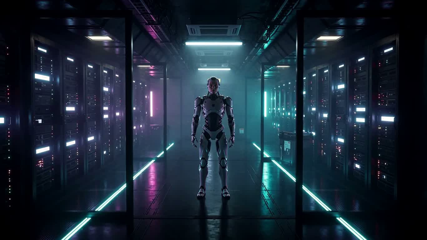 Robot humanoïde au cœur de données néon