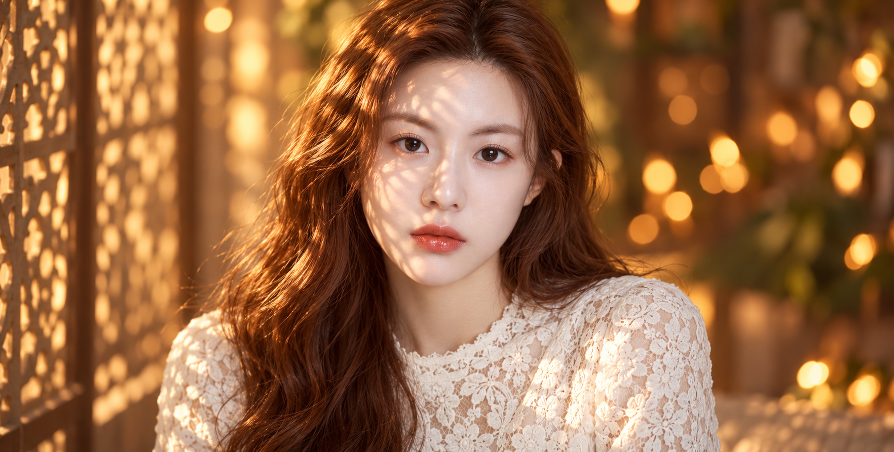 금빛 빛과 그림자 패턴 속의 적갈색 머리 인물화