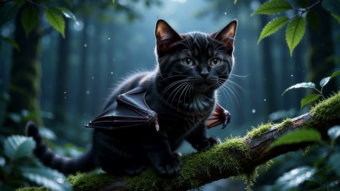 Фантазийный портрет пушистого чёрного кота-летучей мыши
