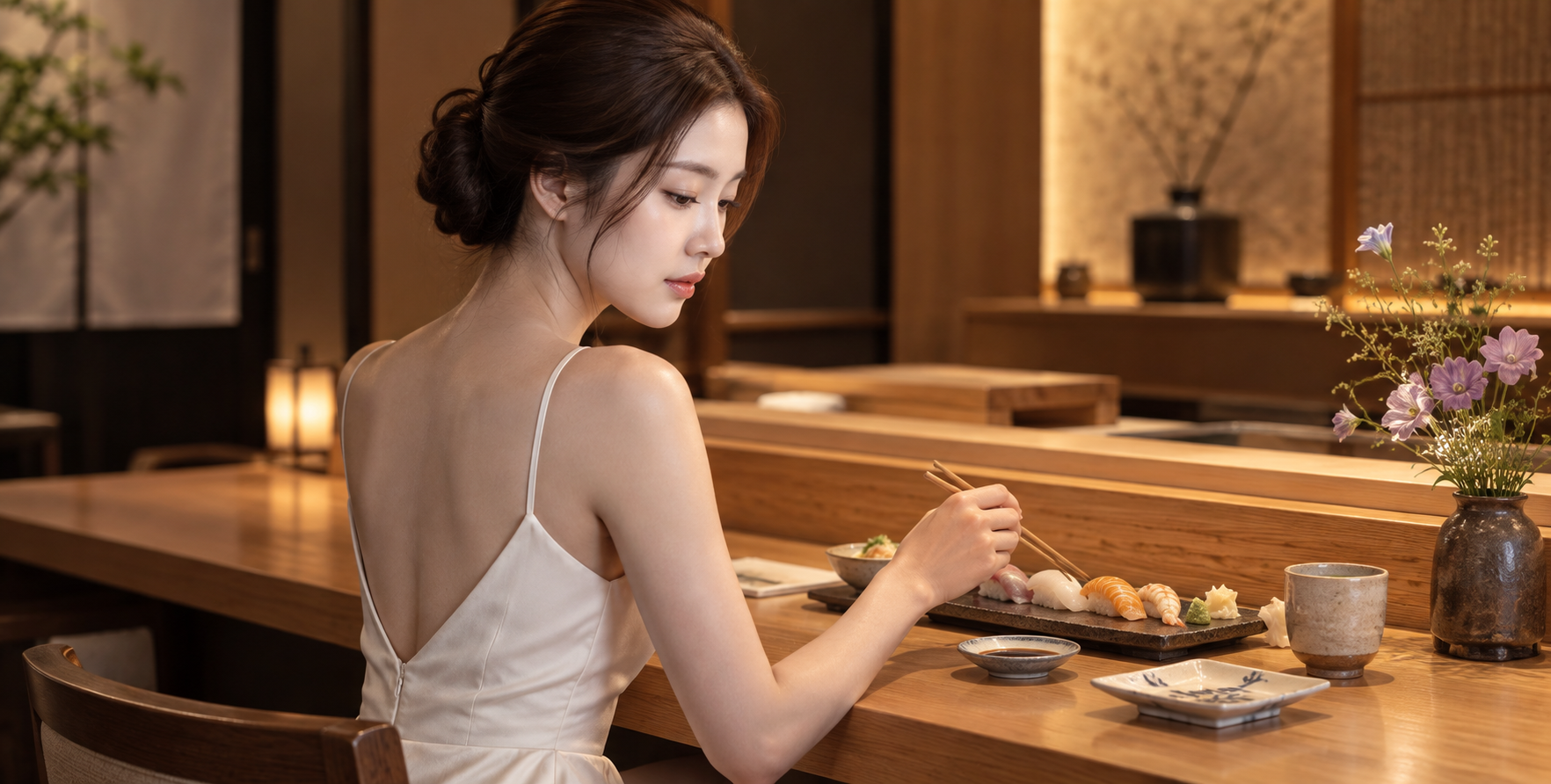 日式寿司吧台前的成年女性背影肖像