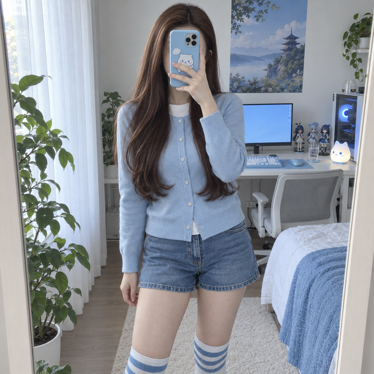 Selfie miroir dans un coin d'ordinateur aux tons bleus
