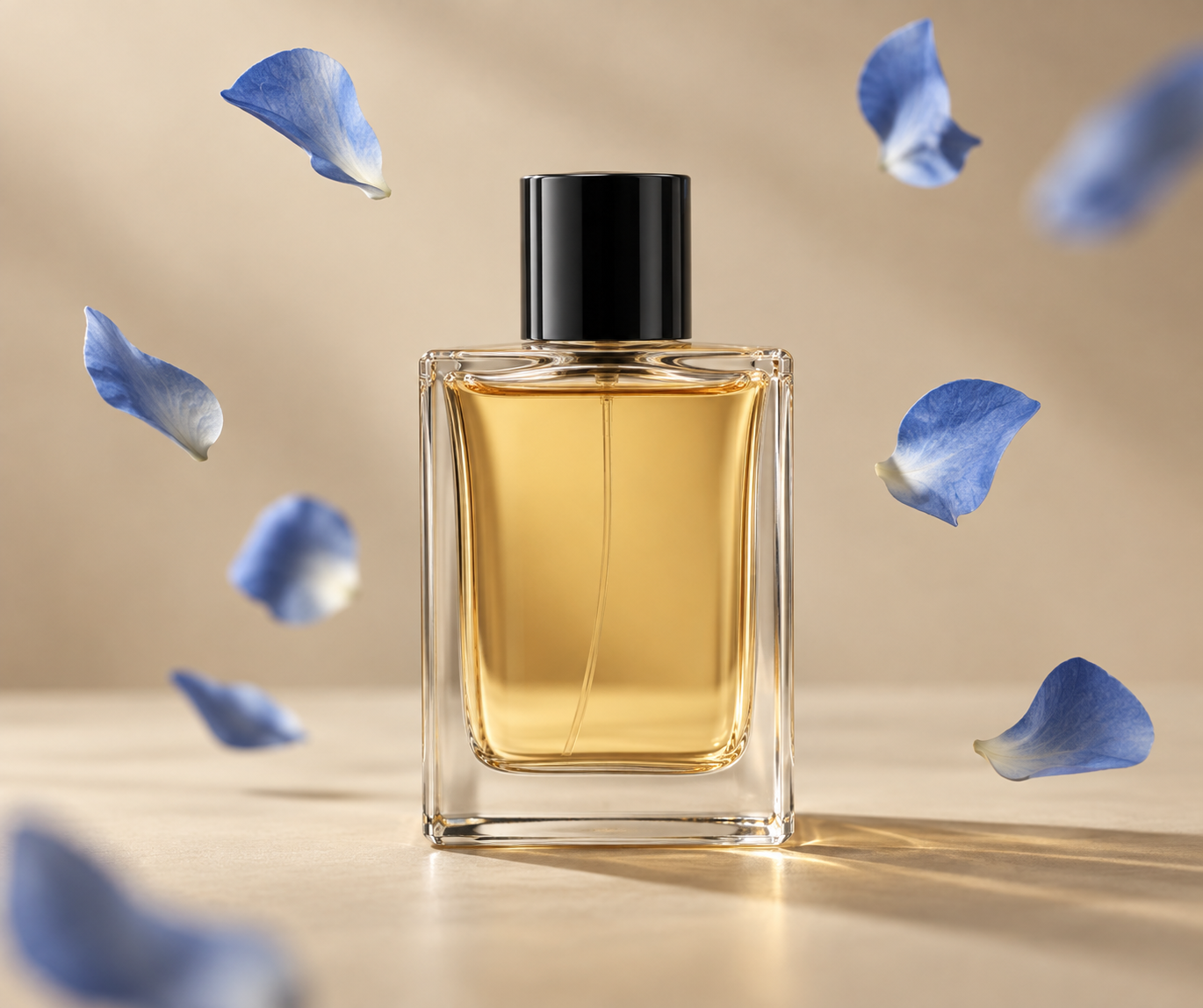 Parfum doré et pétales bleus flottants dans un studio beige