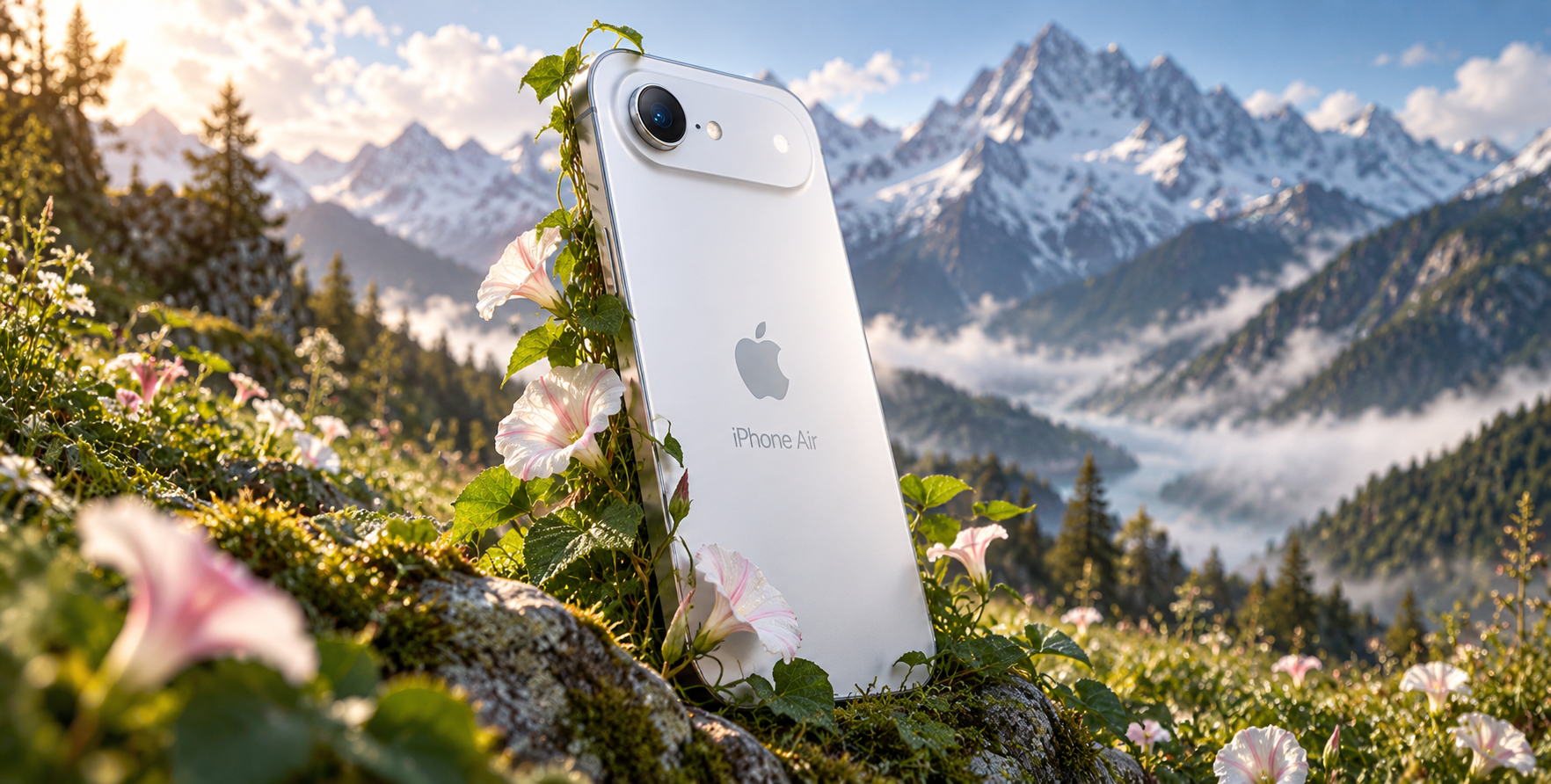 Гиперреалистичный постер iPhone Air среди цветов высокогорного луга — AI image creation
