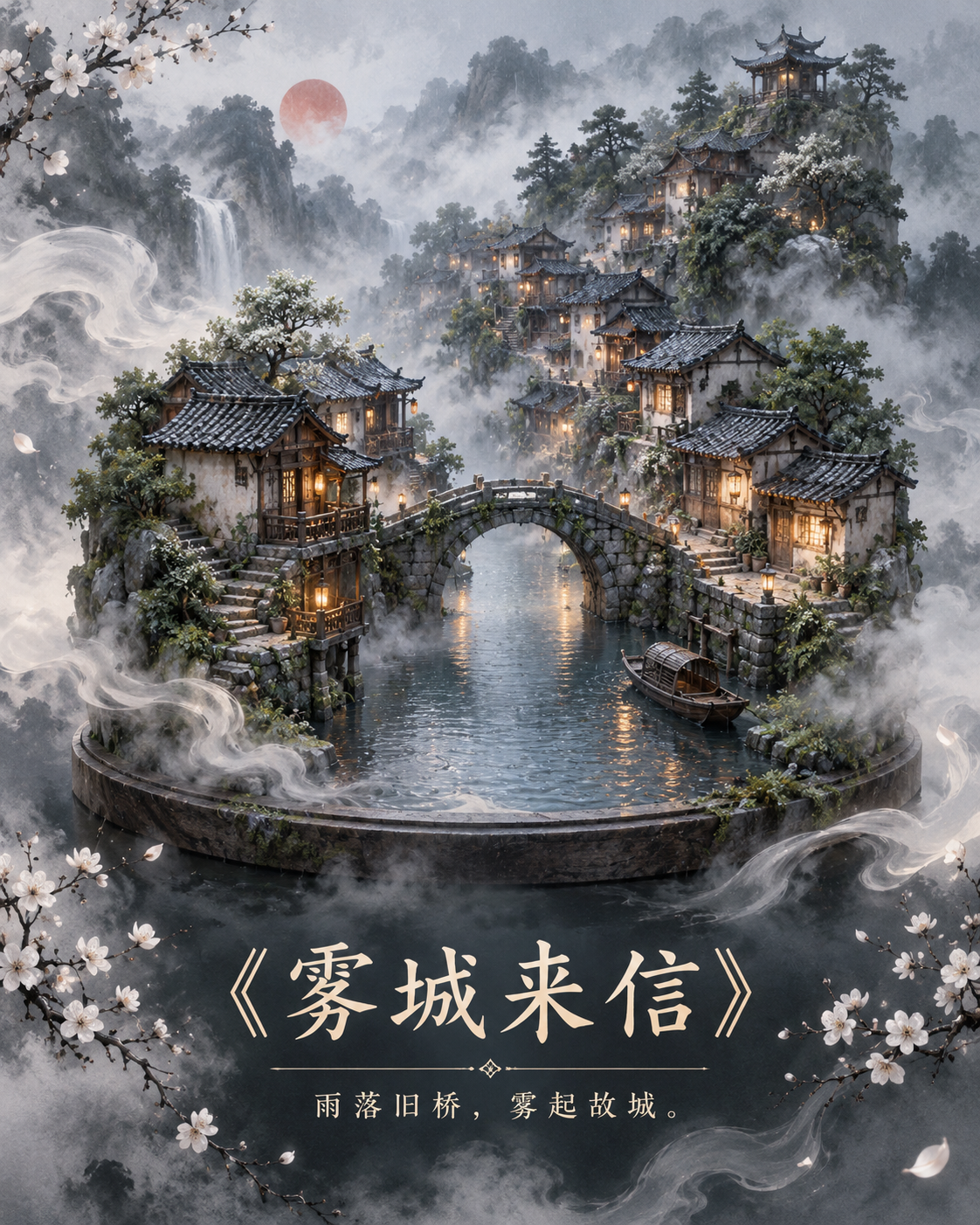 水墨の霧世界に浮かぶ物語シーンのミニチュアポスター