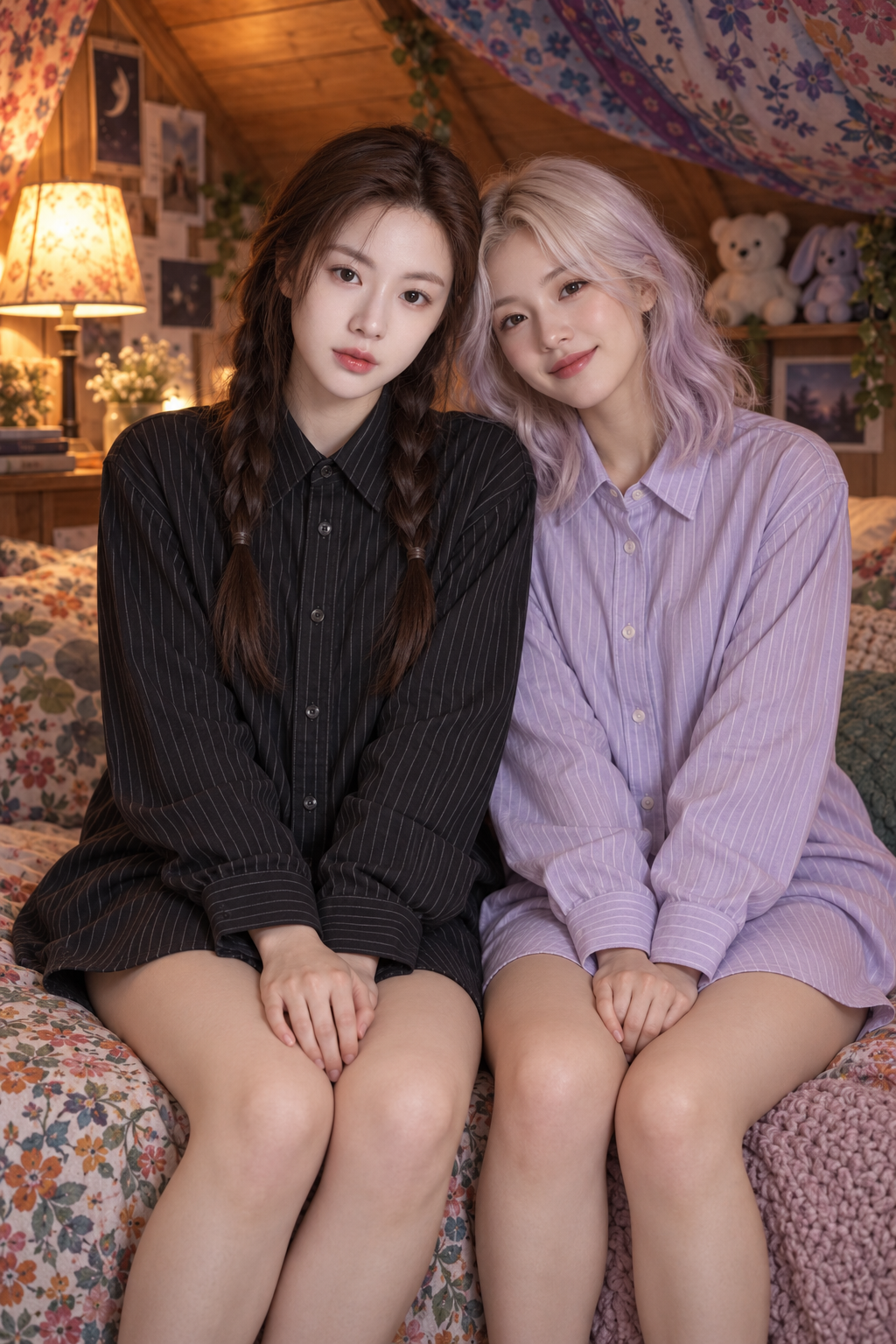 波西米亚阁楼卧室中的成年女性温柔双人肖像 — AI image creation
