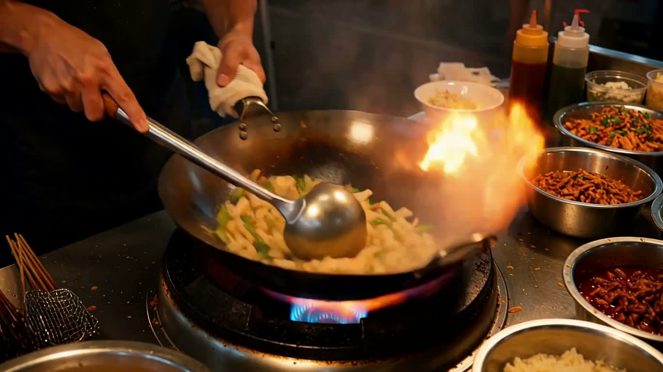 ネオン街の市場、中華鍋の火舞