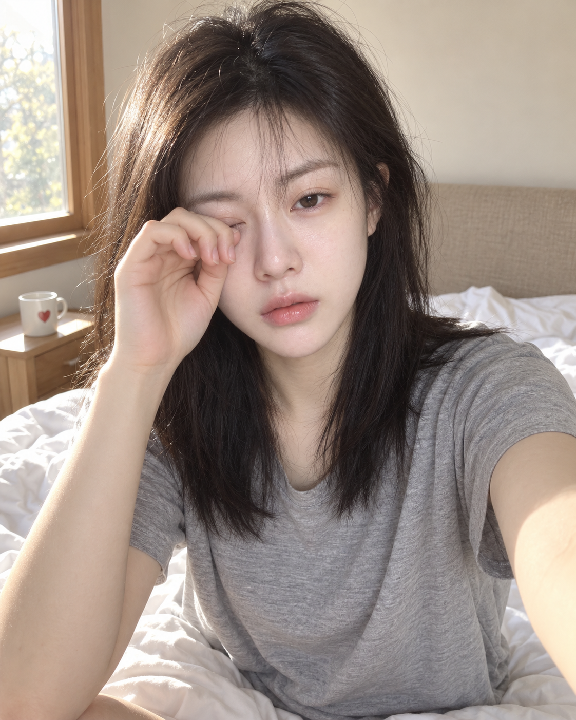 햇살 가득한 침실에서의 아침 셀카
