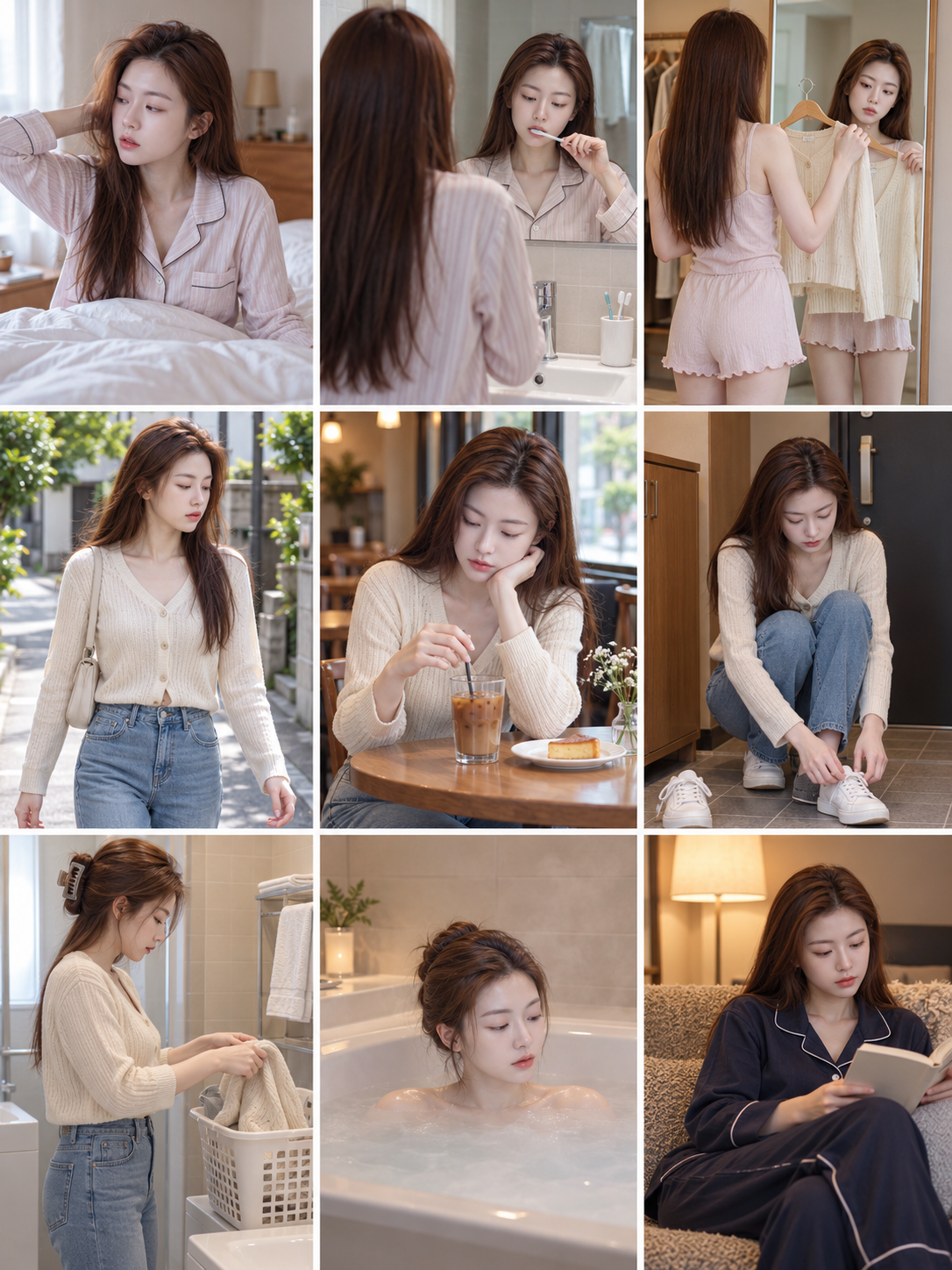 成年日本女性的一日九宫格生活图 — AI image creation