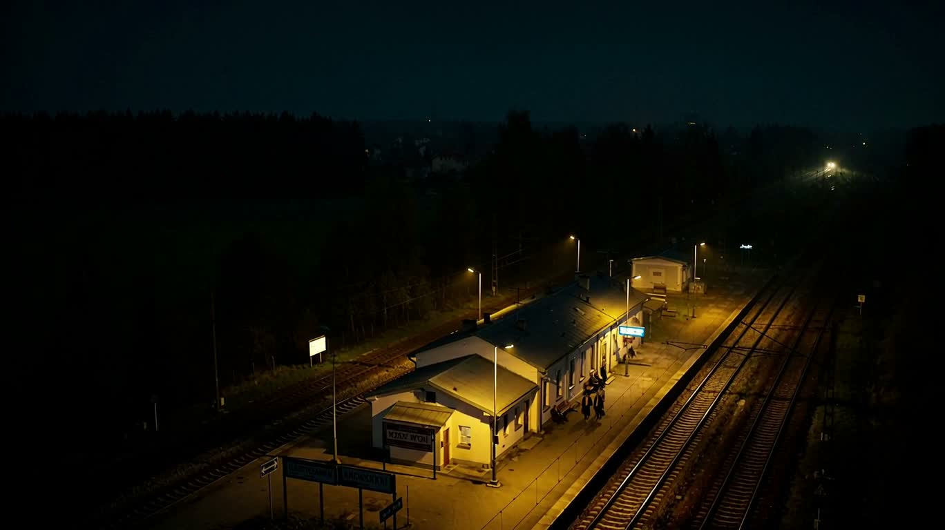 1990年代ポーランドの夜の駅の遠景 — AI video creation