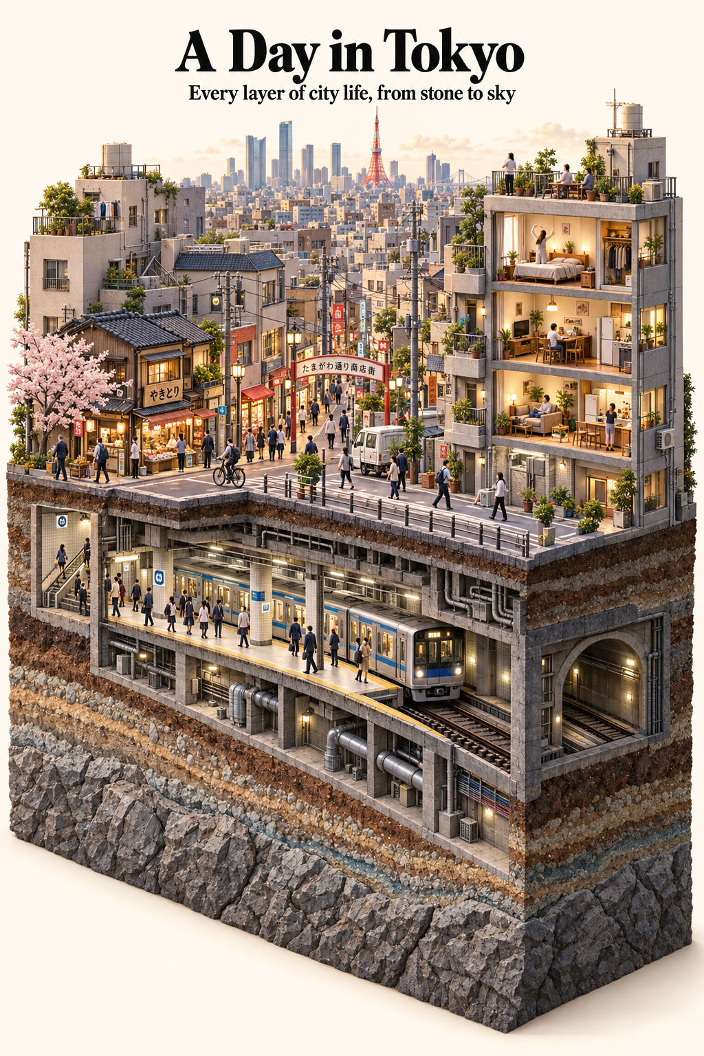 城市垂直切片微缩3D立体模型 — AI image creation