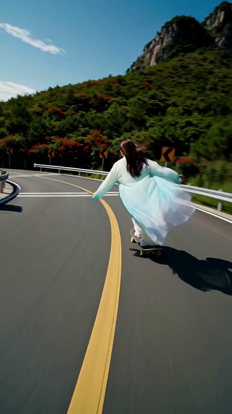 山海の道を滑る古装の女神 — AI video creation