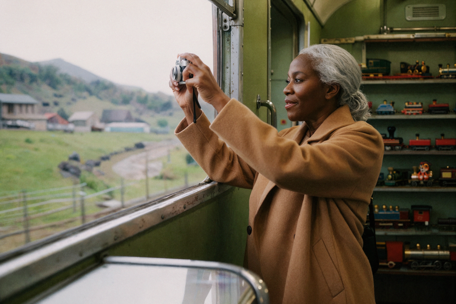 Silver-Haired African Woman Traveler · Mountain Window Portrait · Color Negative — AI image creation