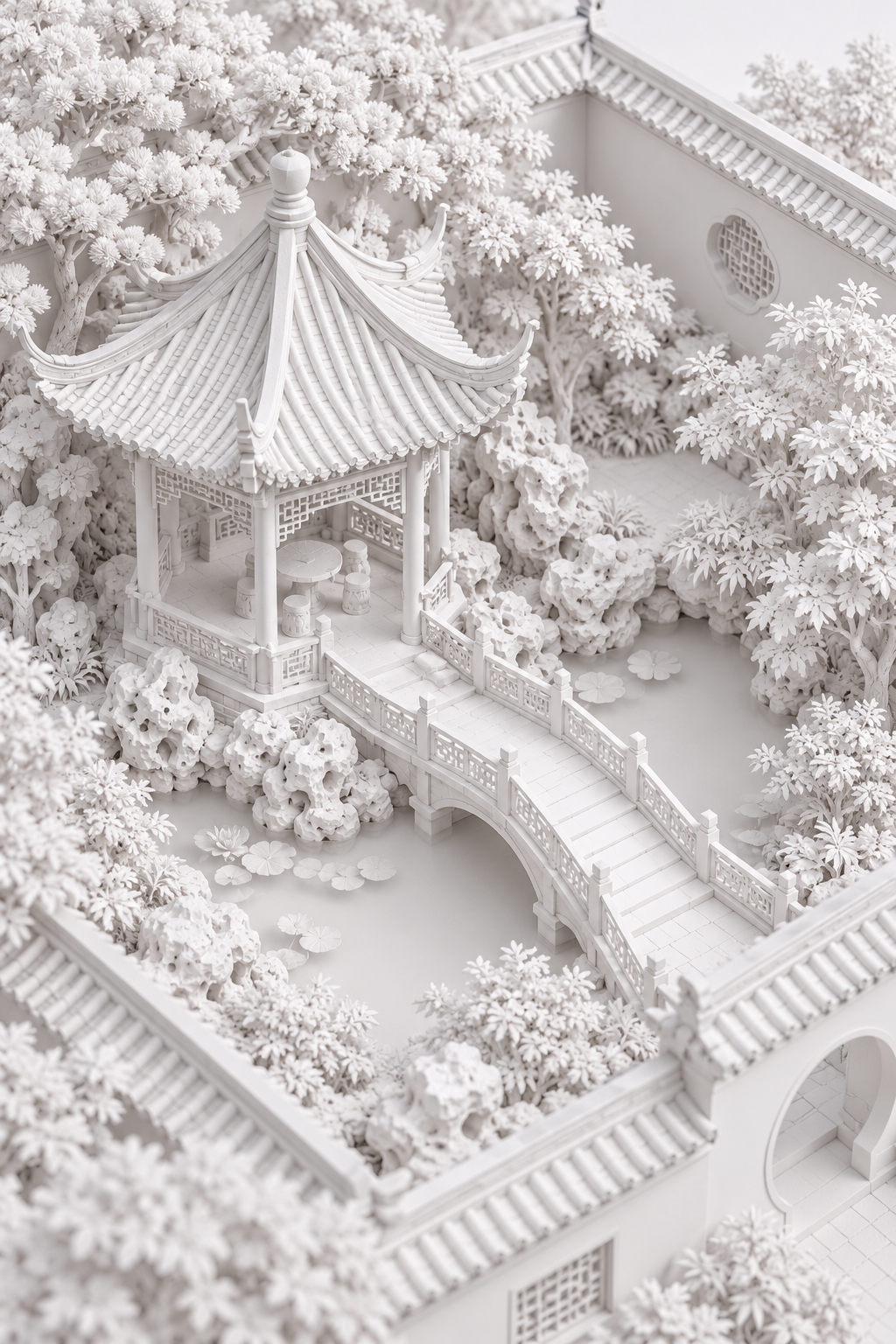 纯白黏土风中式庭院微缩景观