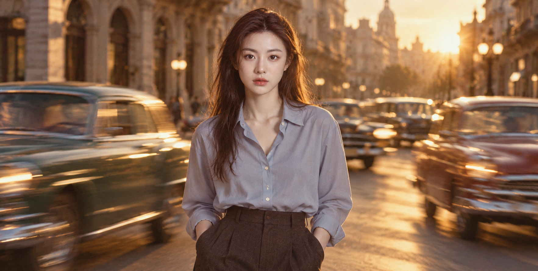 穿梭车流中的成年女性极简时尚大片