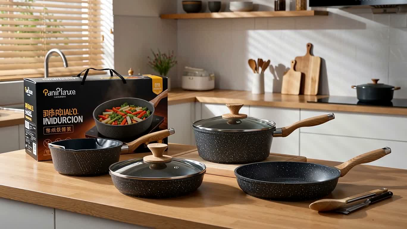 Présentation complète d'ustensiles de cuisine en granit haut de gamme