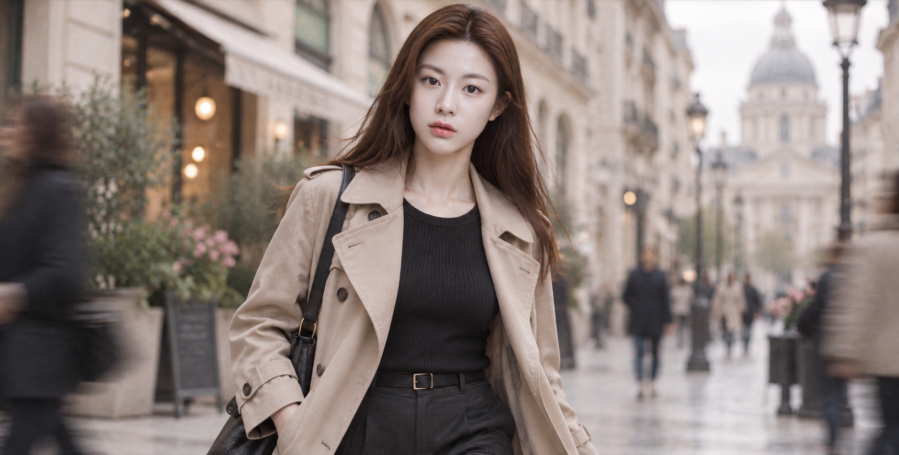 흐린 날 도시 거리의 시네마틱 다이내믹 패션 사진