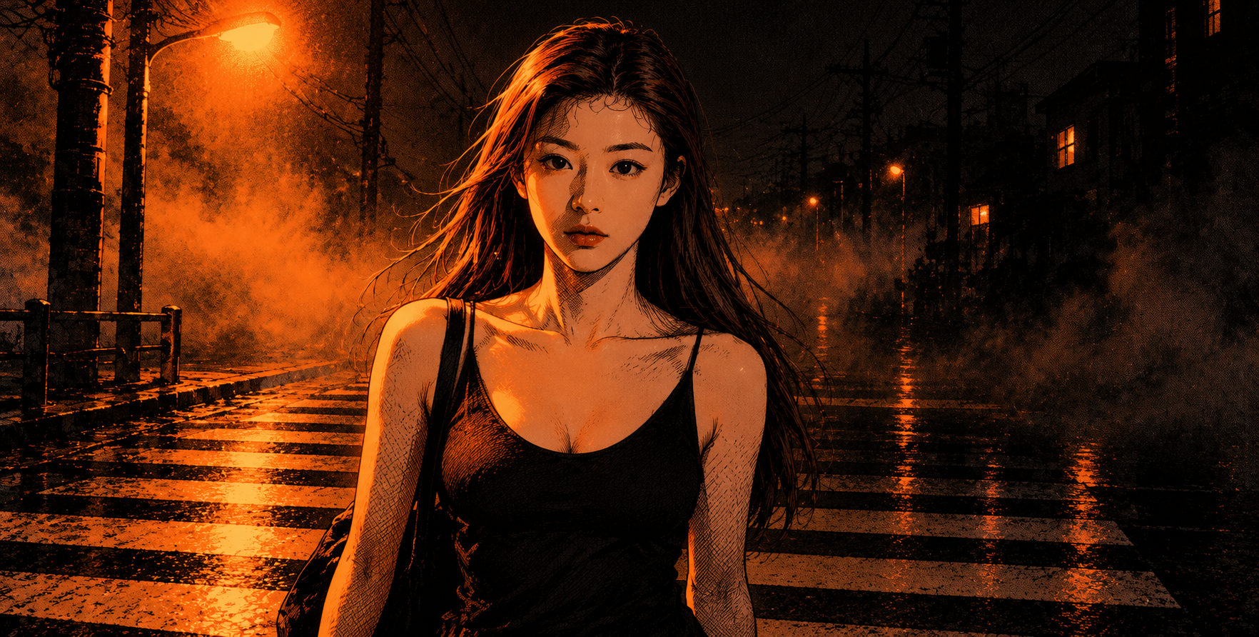 Illustration urbaine nocturne style BD orange néon et noir d'encre