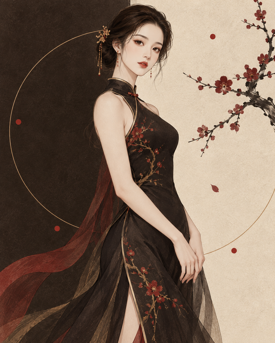 东方优雅极简改良旗袍女性插画