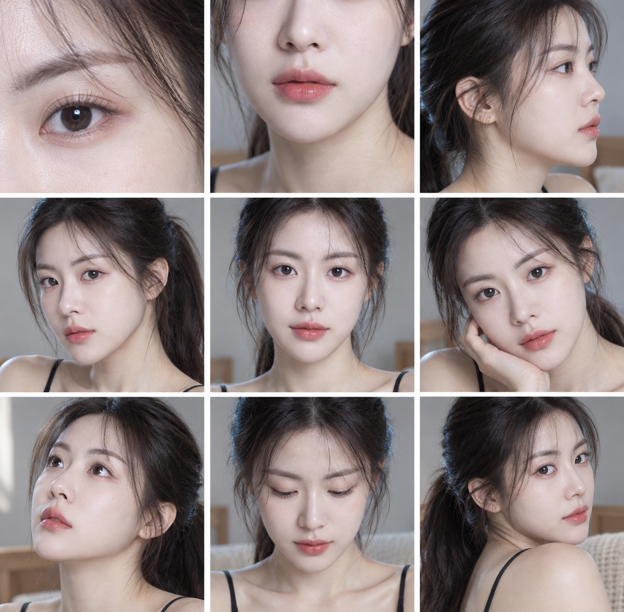 日系眼妆与水光肌九宫格特写 — AI image creation