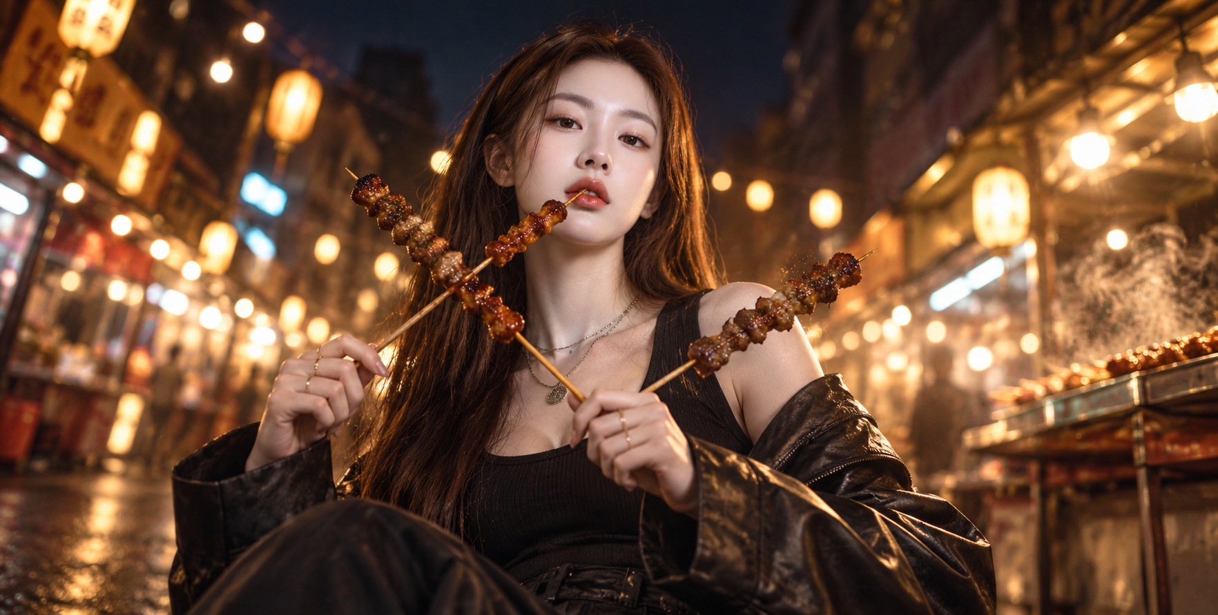 清冷佳人夜市烧烤三串戏剧肖像 — AI image creation
