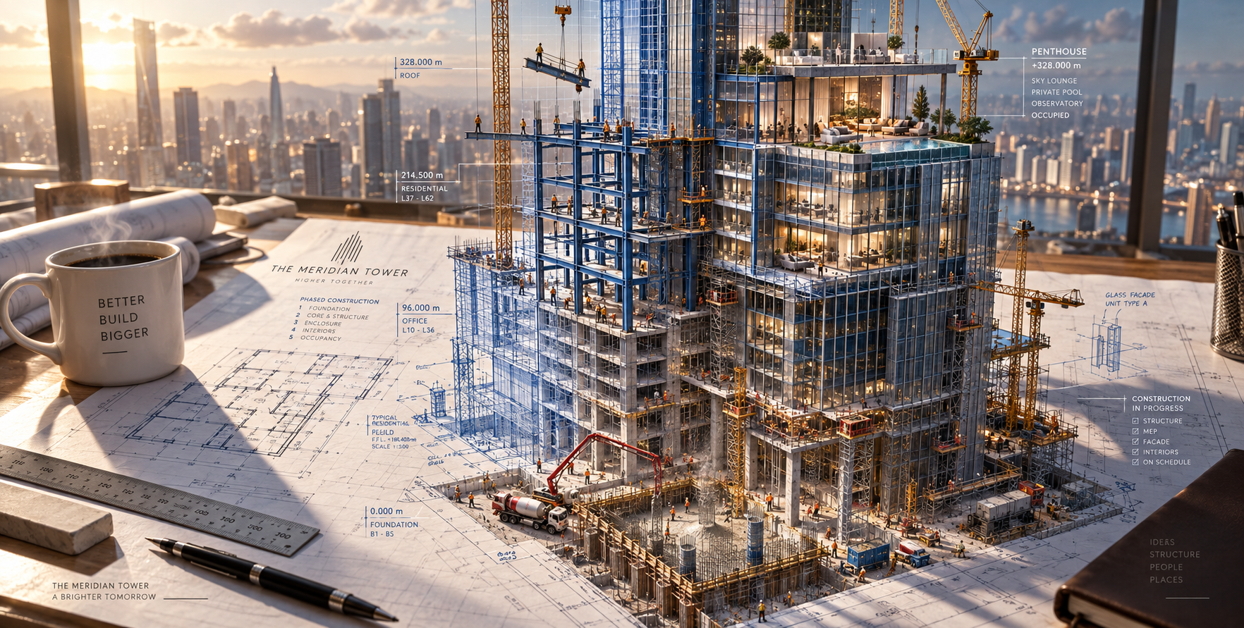 Surreal Spectacle of Blueprint Ink Lines Transforming into a Grand Real Building