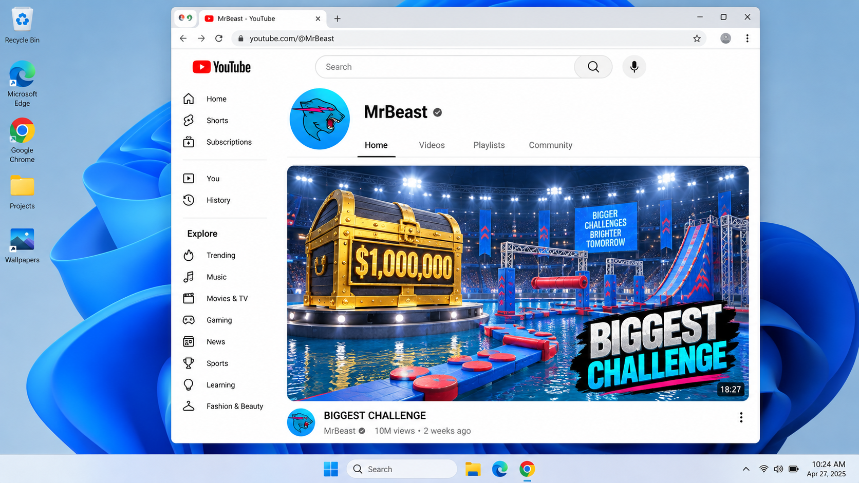 Windows 11桌面中的YouTube MrBeast视频页概念图 — AI image creation