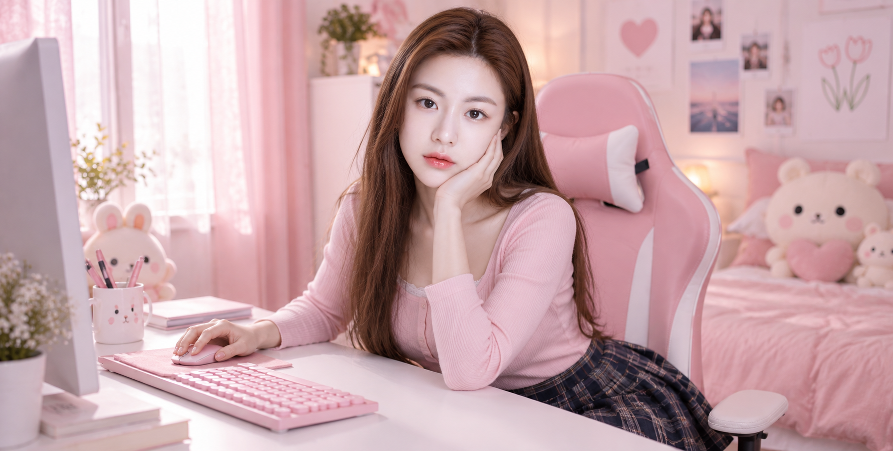 Phòng game màu hồng dưới ánh sáng dịu