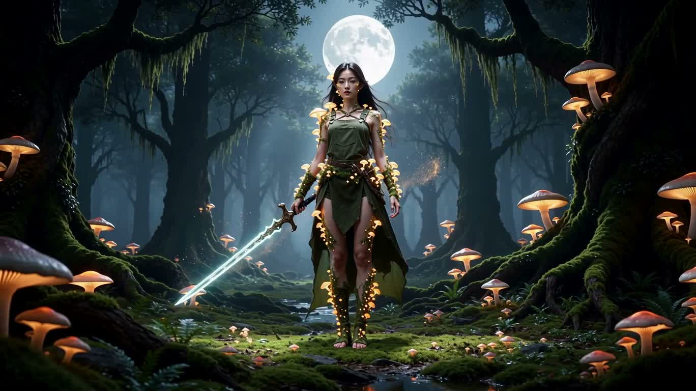Mycélium lunaire : druide elfe des bois des spores — AI video creation