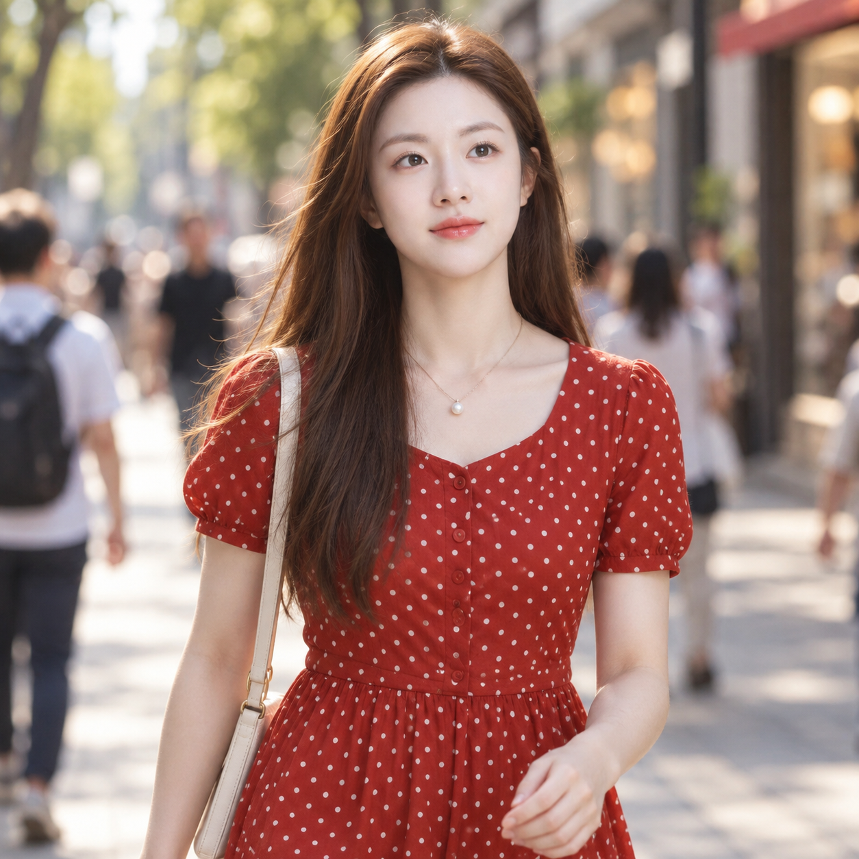 따뜻한 햇살의 거리에서 걷는 빨간 흰색 물방울무늬 원피스 초상