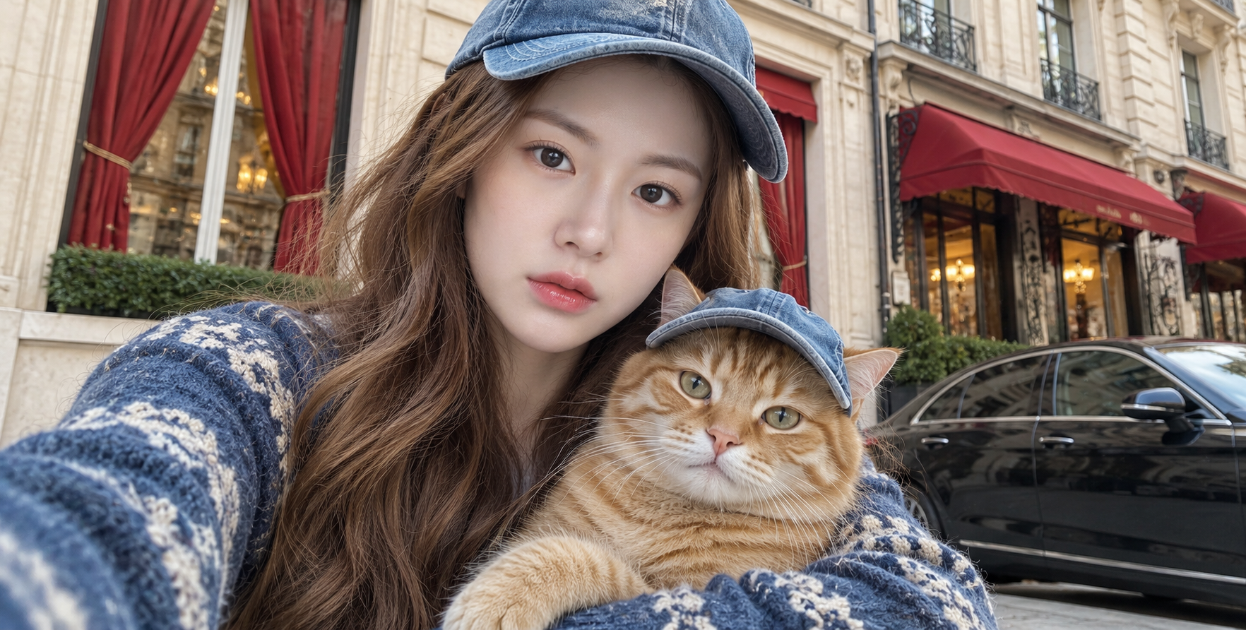 蓝色棒球帽成年女性与戴帽橘猫的街头自拍