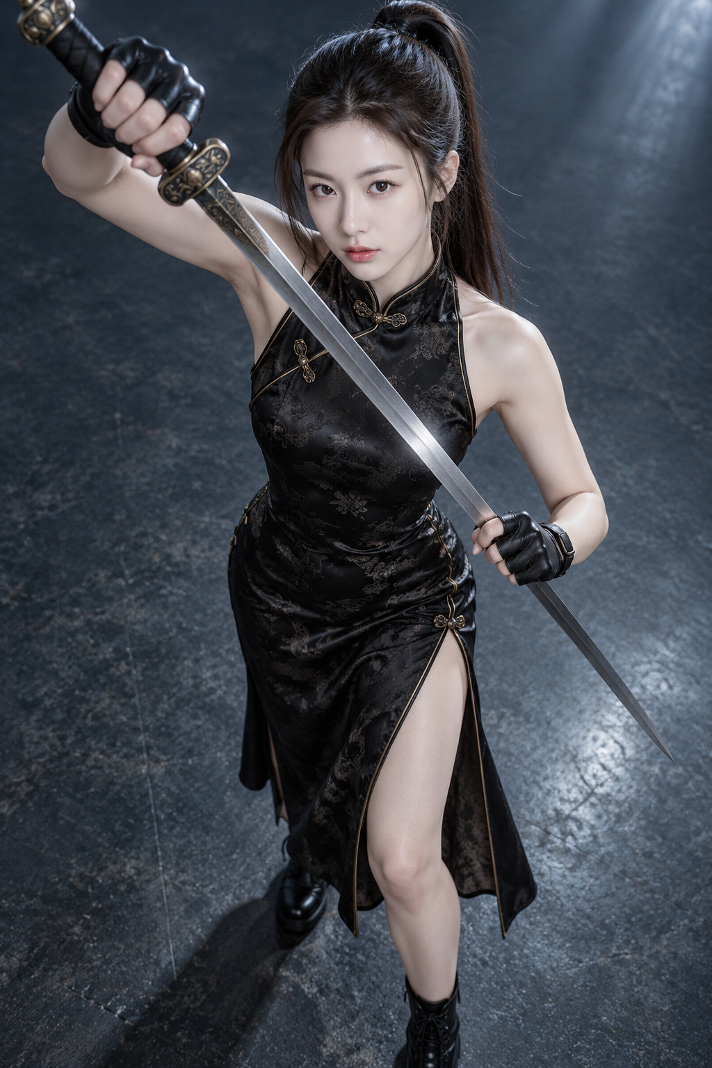 검을 든 검은색 높은 옆트임 치파오 차림의 동아시아 여성 사실적 초상