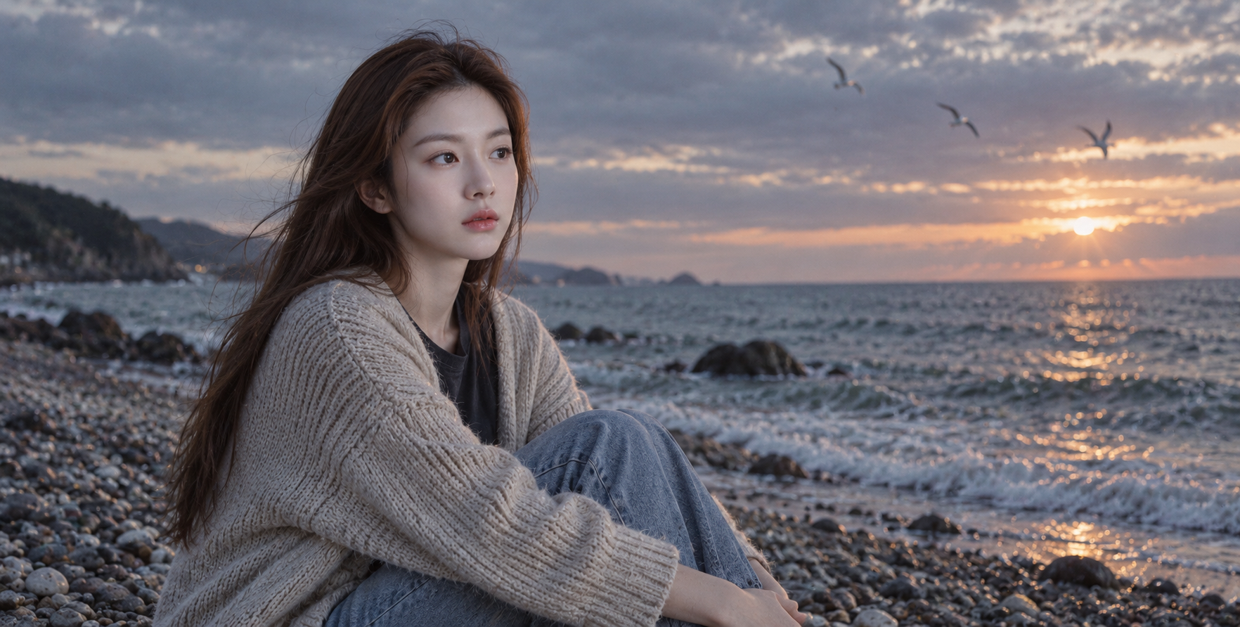 Portrait de profil au bord de mer au coucher du soleil, style argentique