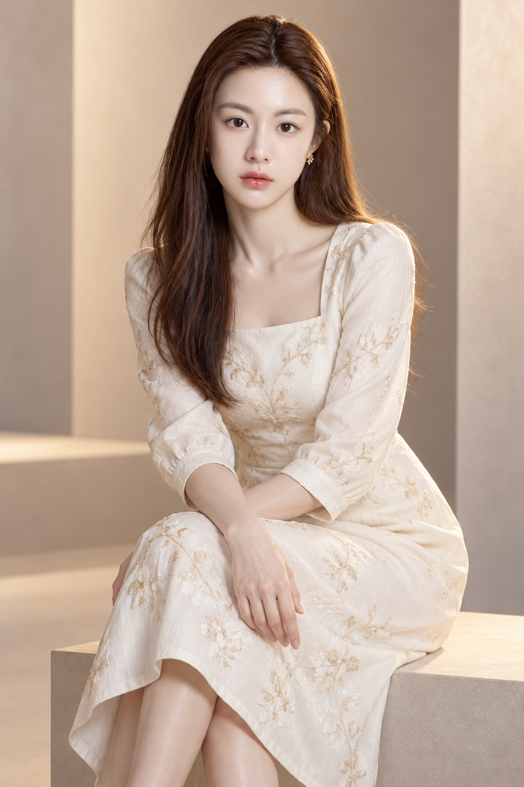 아이보리와 따뜻한 골드 톤의 우아한 스튜디오 패션 포트레이트