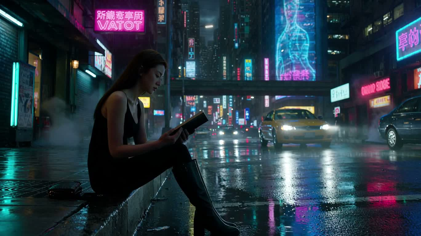 霓虹赛博朋克中的读书少女