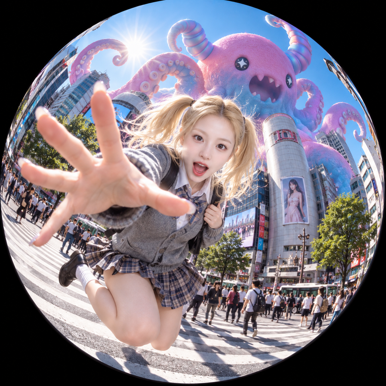 涩谷鱼眼跃起与空中卡通怪兽 — AI image creation