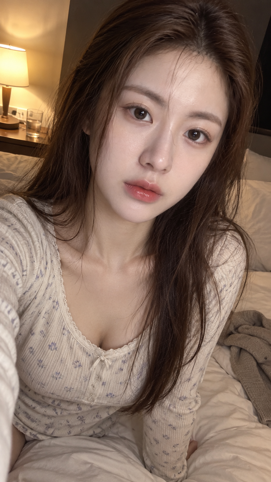 따뜻한 조명의 침실에서 성인 여성의 취침 전 셀카