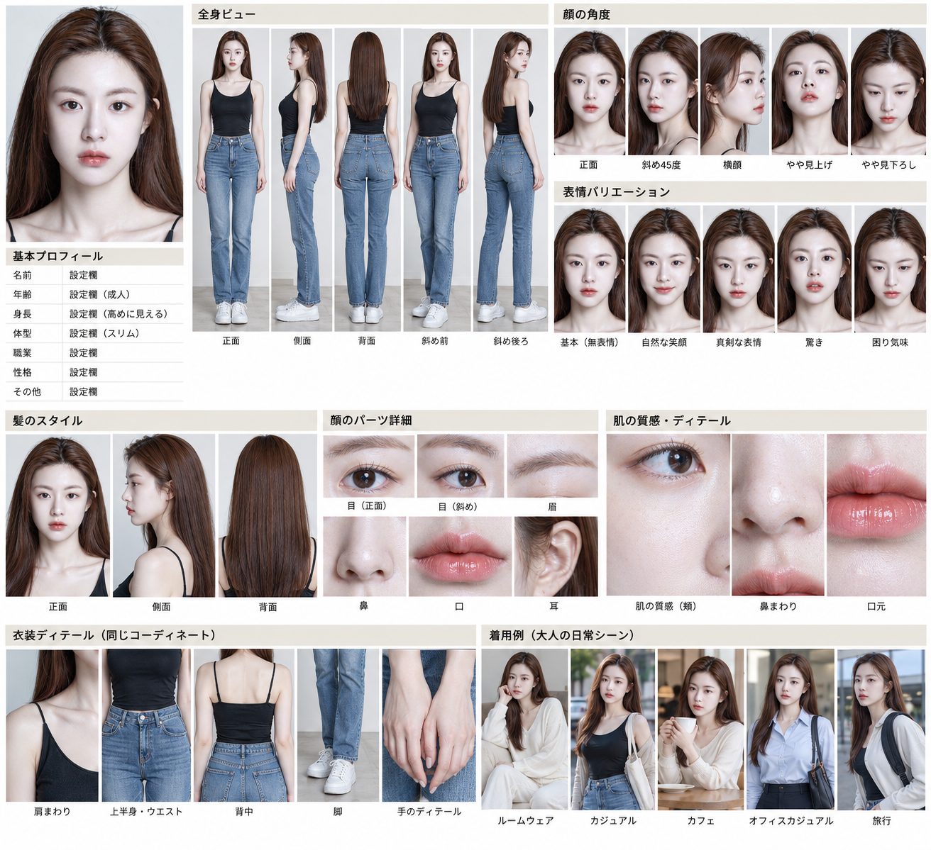 Adult Female Character Consistency Reference Sheet