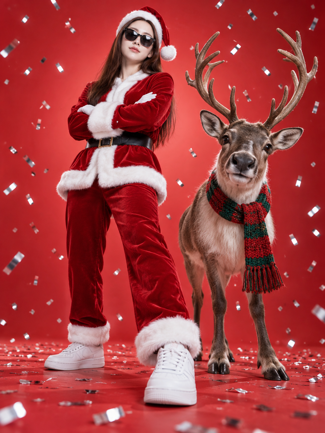 Affiche de Noël corps entier avec renne en studio rouge