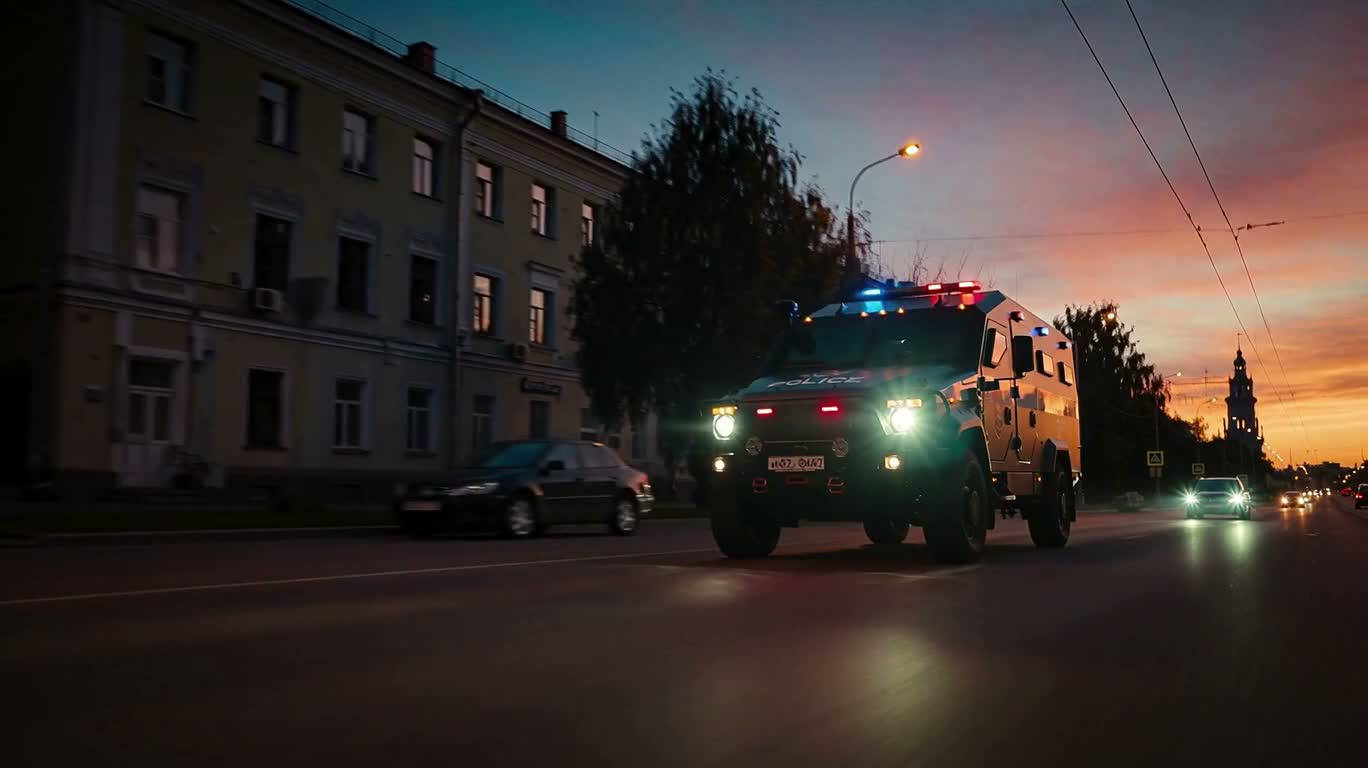 Бронированный полицейский транспорт на рассвете в Киеве