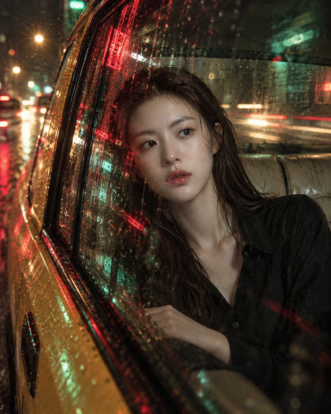 비 오는 밤 택시 속 네온의 고독