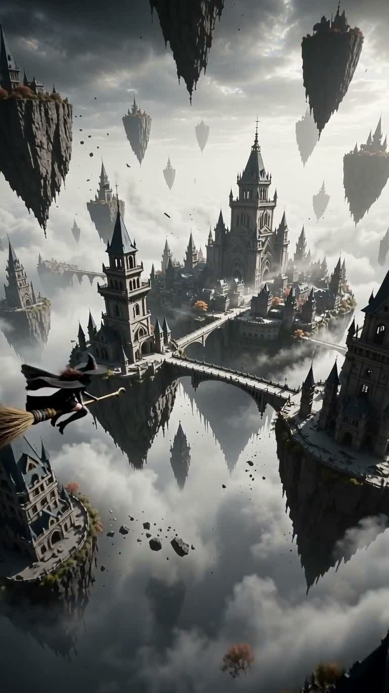 Sorcière survolant la cité des nuages