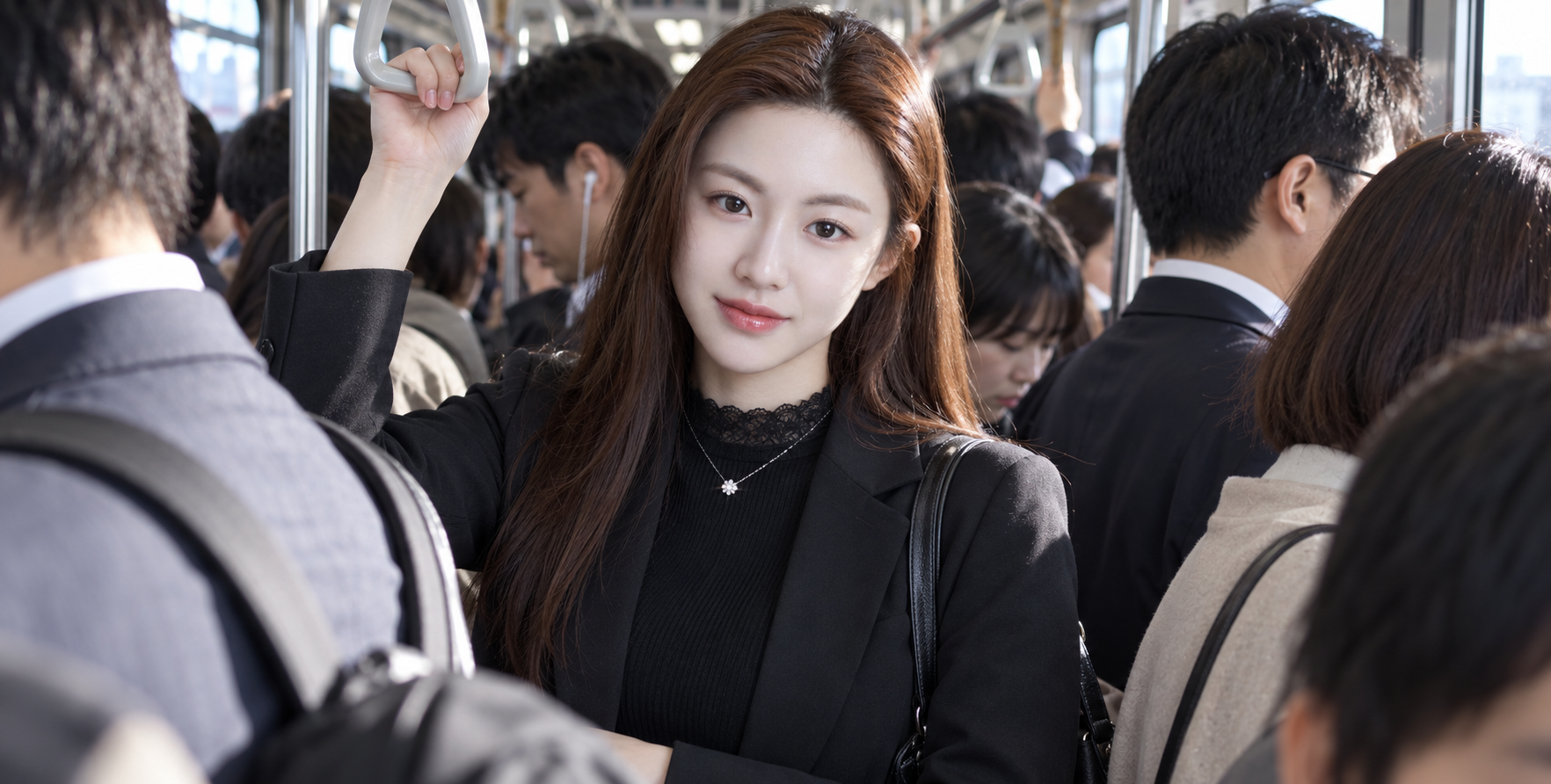 拥挤日式通勤电车中的成年女性肖像 — AI image creation