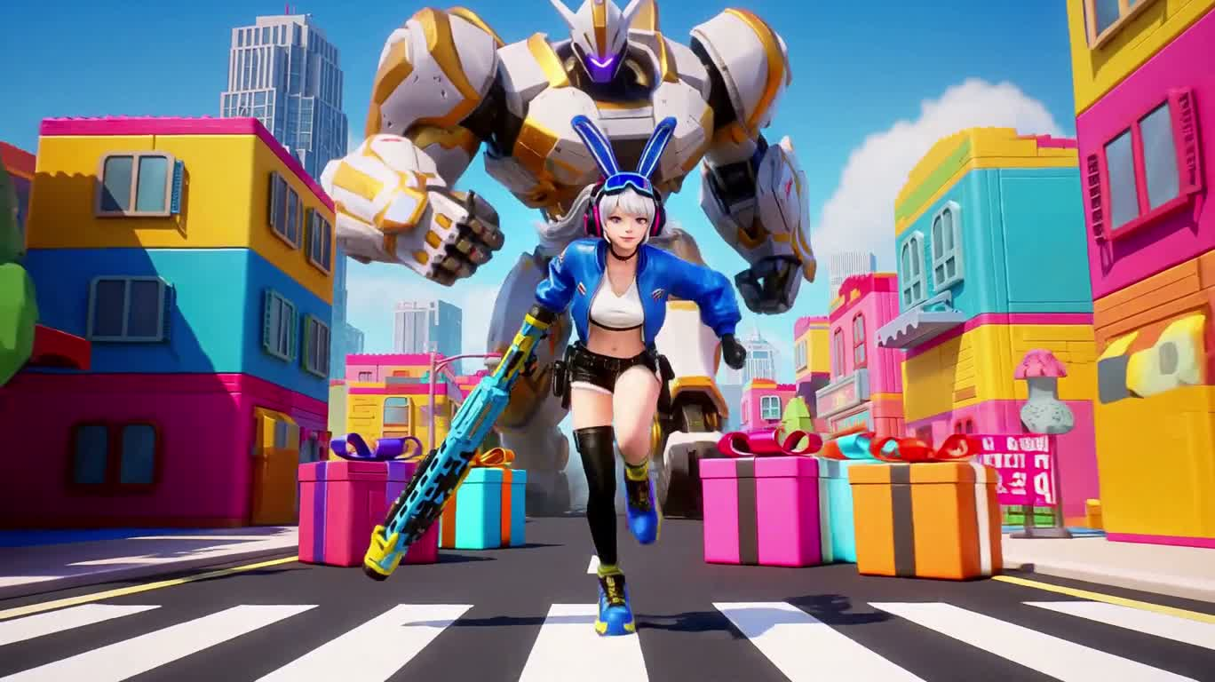 Poursuite des mechas dans la ville-jouet